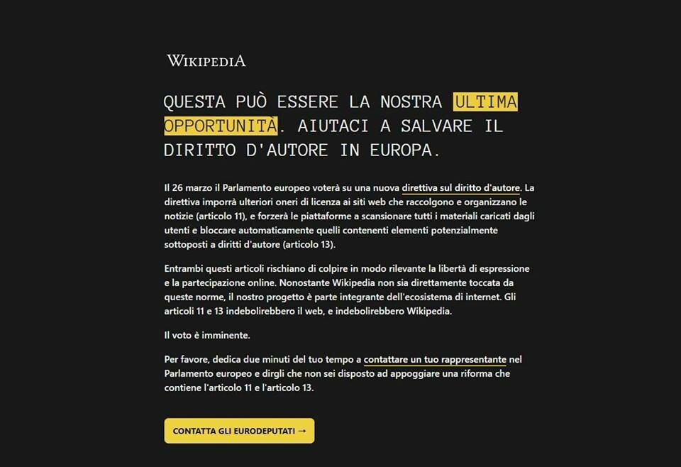 Wikipedia protesta contro la legge europea sul copyright