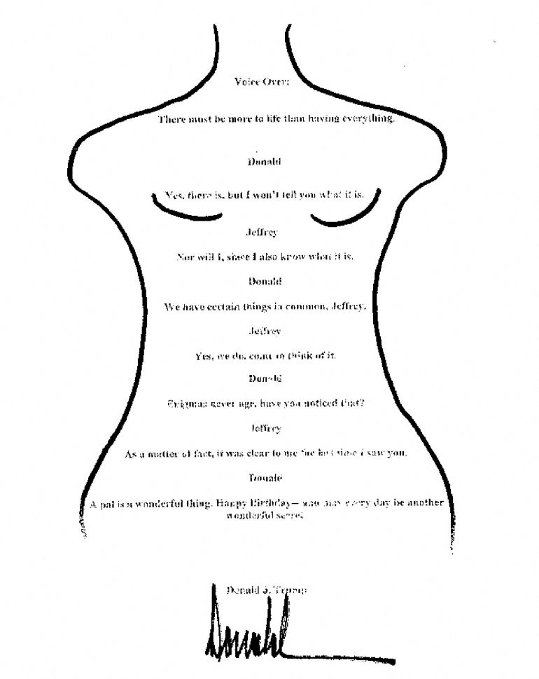 Una lettera di compleanno che il presidente degli Stati Uniti Donald Trump presumibilmente ha scritto all'autore del criminale sessuale Jeffrey Epstein più di 20 anni fa è vista come presentata dai democratici nella Camera dei rappresentanti degli Stati Uniti sul loro conto X l'8 settembre 2025. La lettera, la cui esistenza è stata segnalata dal Wall Street Journal a luglio, sembra essere stata firmata da Trump, ma ha negato di farlo e ha detto che la carta non esiste, e la sua casa è stata segnalata dal Wall Street Journal a luglio, sembra essere stata firmata da Trump, ma ha negato di farlo e ha detto che la carta non esiste, e la sua casa è stata segnalata dal Wall Street Journal a luglio, sembra essere stata firmata da Trump, ma ha negato di farlo e ha detto che la carta non esiste. Volantino tramite Reuters