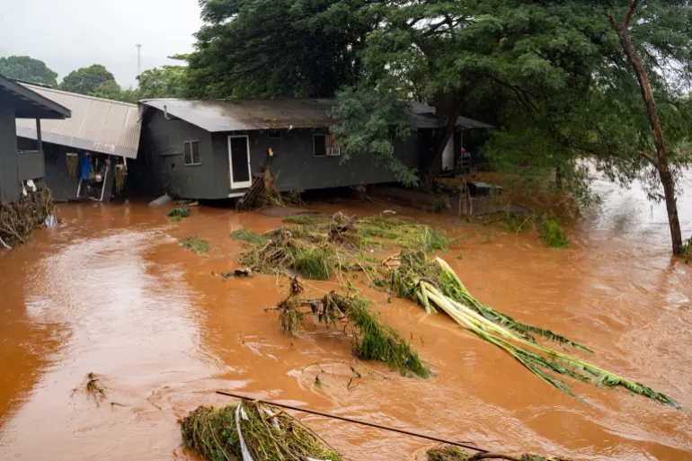 Una vista di una casa danneggiata dalla tempesta vicino a rami galleggianti abbattuti nelle acque alluvionali causate da forti piogge a Waialua, Hawaii, venerdì 20 marzo 2026. (AP Photo/Mengshin Lin)