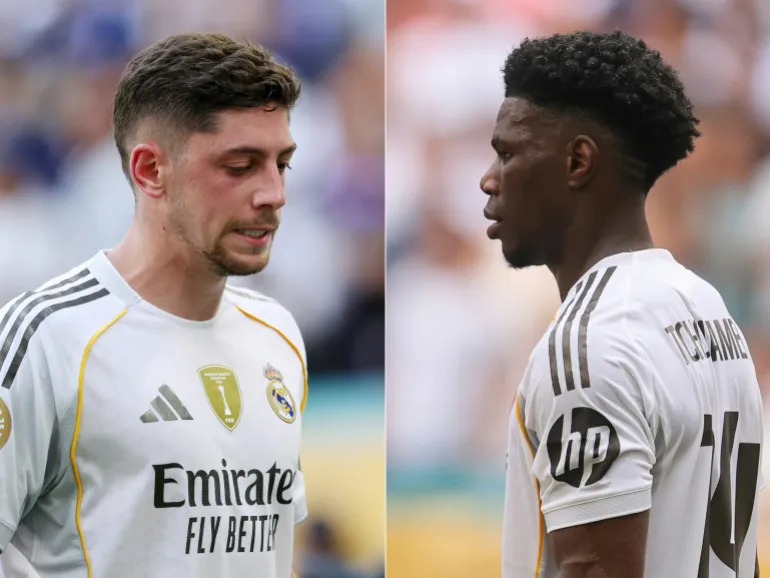 (COMBO)(FILES) Questa combinazione di immagini create l'8 maggio 2026 mostra Federico Valverde del Real Madrid dopo la partita di calcio della Coppa del mondo per club FIFA 2025 tra il Real Madrid CF e Al Hilal all'Hard Rock Stadium il 18 giugno 2025 a Miami Gardens, Florida e Aurelien Tchouameni (R) del Real Madrid dopo la partita di calcio della Coppa del mondo per club FIFA 2025 tra Real Madrid CF e Juventus FC all'Hard Rock Stadium di luglio 1, 2025 a Miami Gardens, Florida.