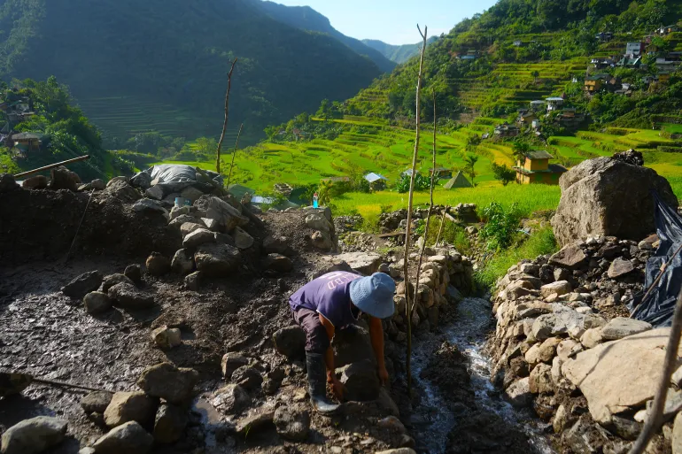 Joel Langihon, 52 anni, residente a Batad, sistema cumuli di rocce e fango per fortificare una parte danneggiata della risaia della sua famiglia che è stata spazzata via a causa del super tifone Fung-Wong lo scorso novembre