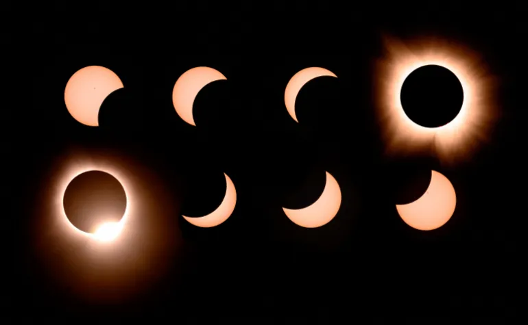 In questa raccolta di otto fotografie, la luna passa accanto al sole nella totalità e si allontana nuovamente durante un'eclissi solare totale a Bloomington, Indiana, Stati Uniti, l'8 aprile 2024