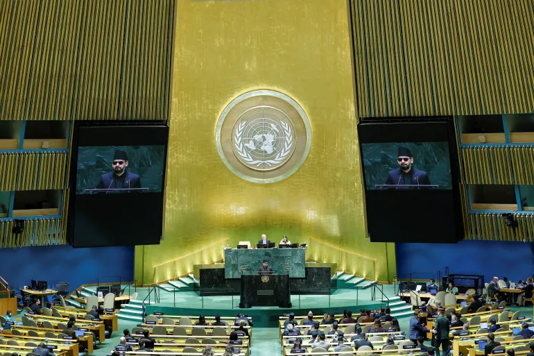 Il primo ministro nepalese Balendra Shah si rivolge all'81a Assemblea generale delle Nazioni Unite presso la sede delle Nazioni Unite a New York City, Stati Uniti, 24 settembre 2026 [Eduardo Munoz/Reuters]